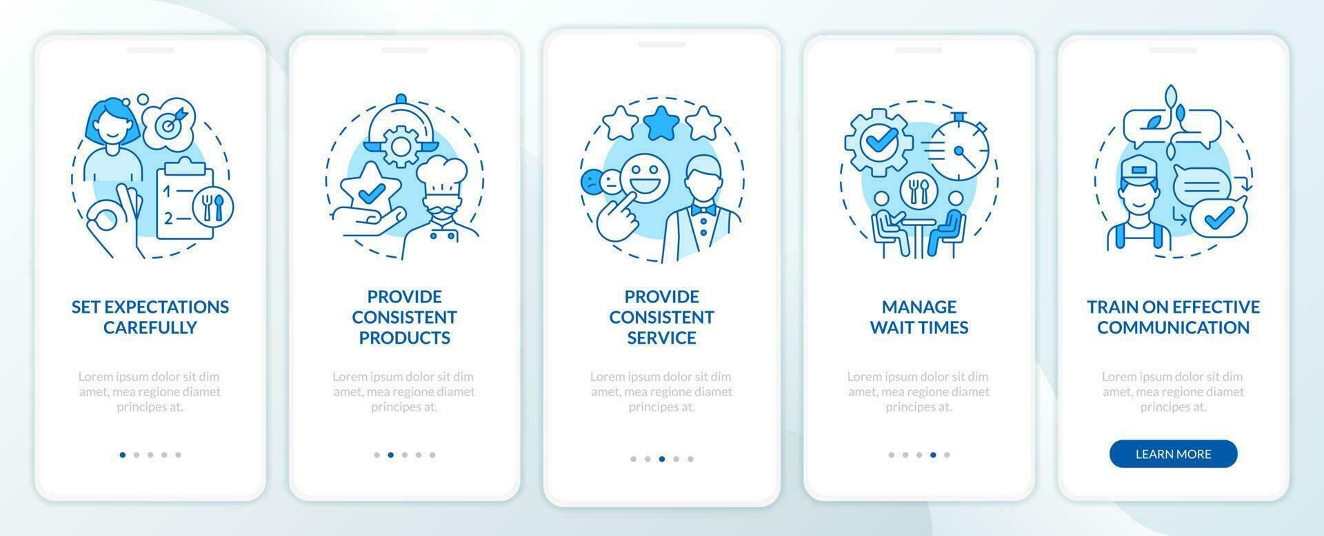 Restaurant customer service skills blue onboarding mobile app screen. Walkthrough 5 steps editable graphic instruction with linear concepts. UI, UX, GUI template vector