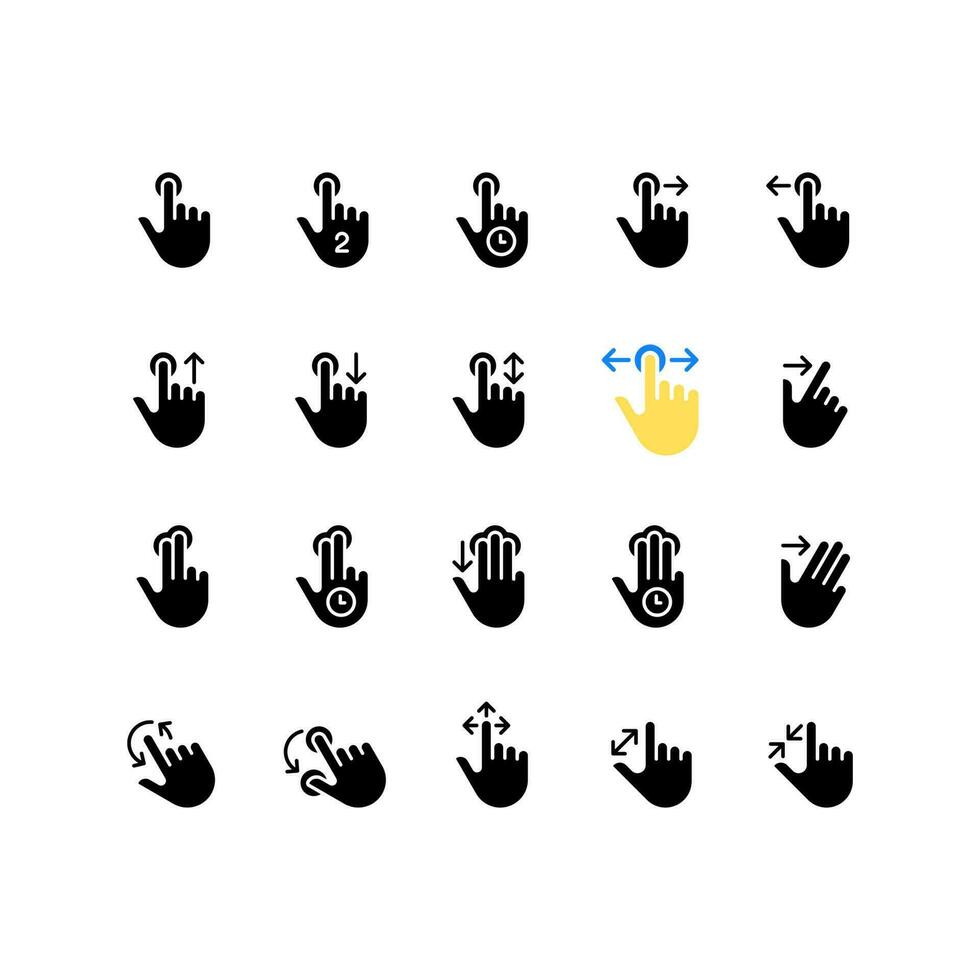 Touch gestures black glyph icons set on white space. Touchscreen control. Smartphone navigation. Multi touch technology. Silhouette symbols. Solid pictogram pack. Vector isolated illustration