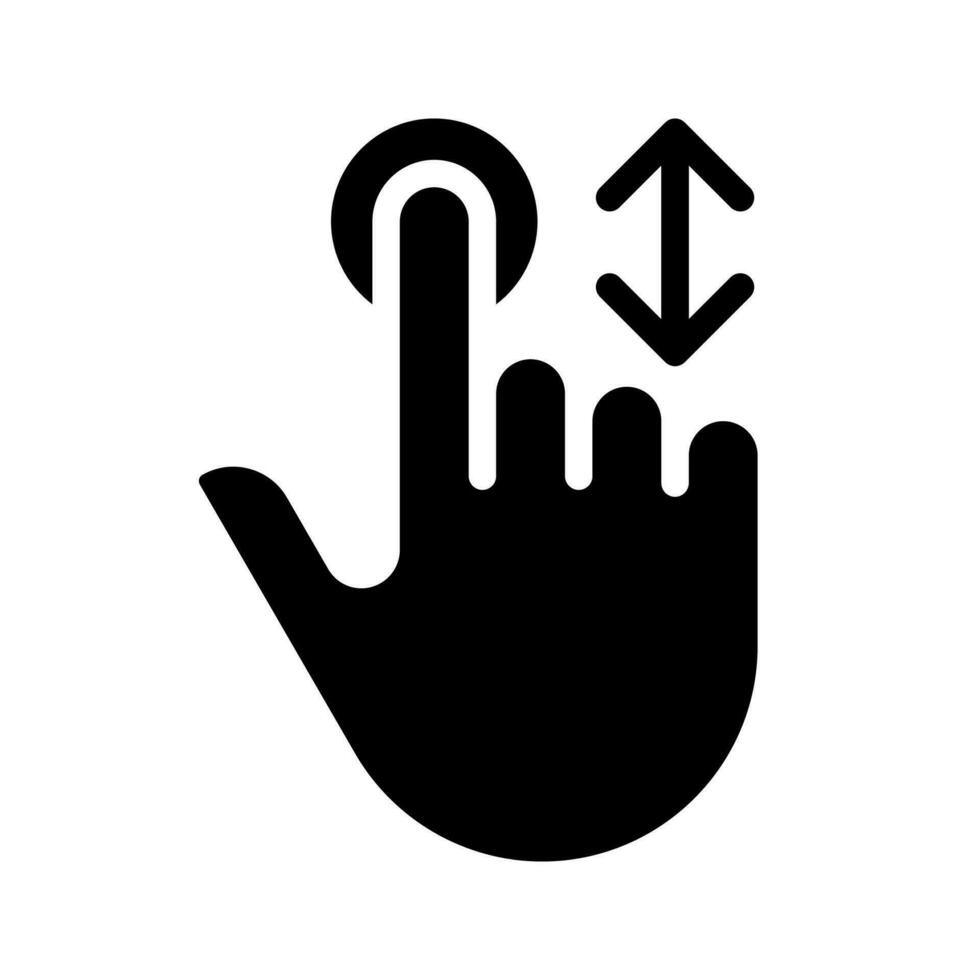 Scrolling vertically black glyph icon. Move down and up. Touchscreen control gesture. Device screen navigation. Silhouette symbol on white space. Solid pictogram. Vector isolated illustration