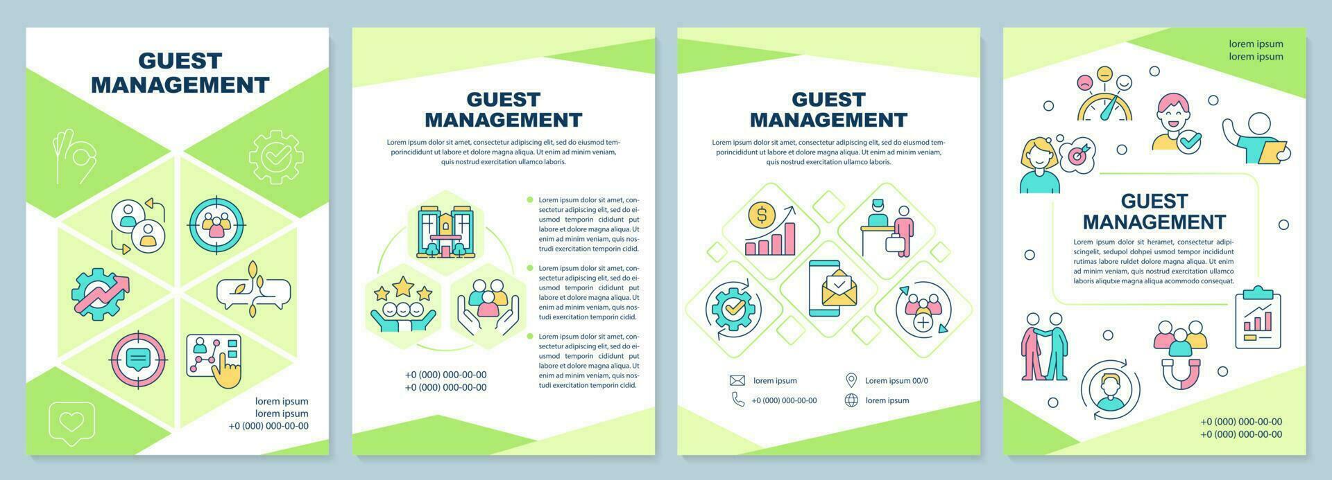 Guest management green brochure template. Customer engagement. Leaflet design with linear icons. Editable 4 vector layouts for presentation, annual reports