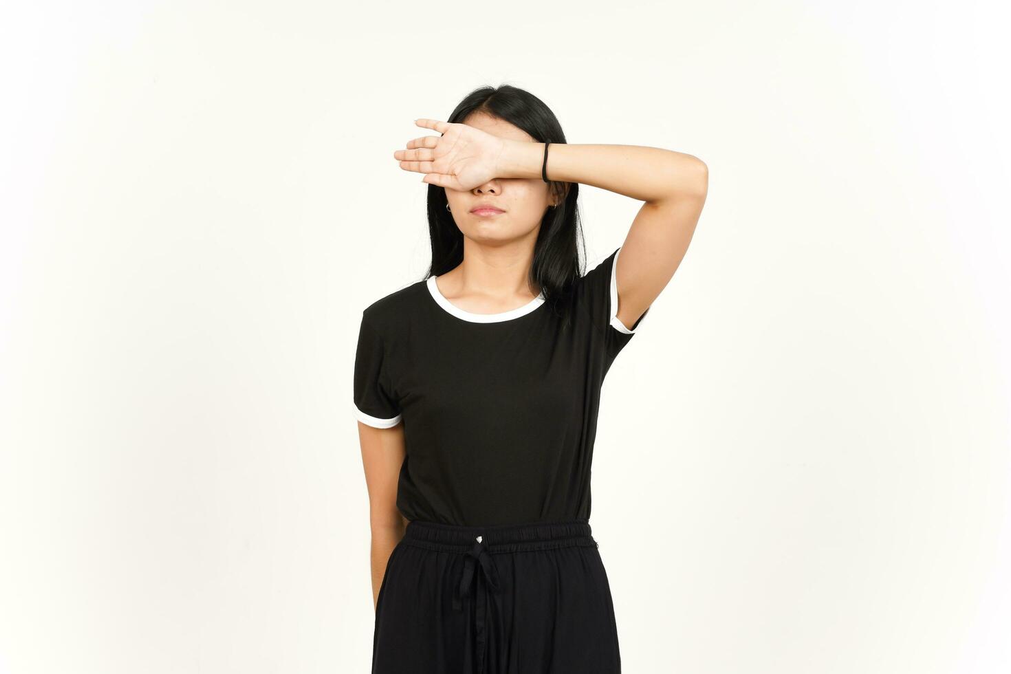 Covering eye With arms Of Beautiful Asian Woman Isolated On White Background photo