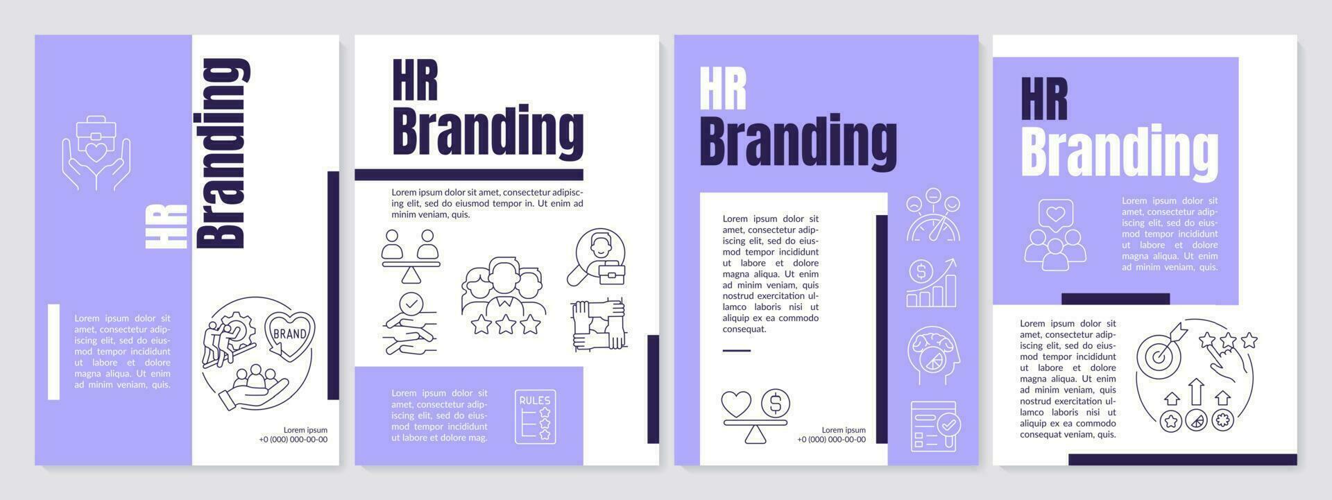 Employee management brand purple brochure template. HR value. Leaflet design with linear icons. Editable 4 vector layouts for presentation, annual reports