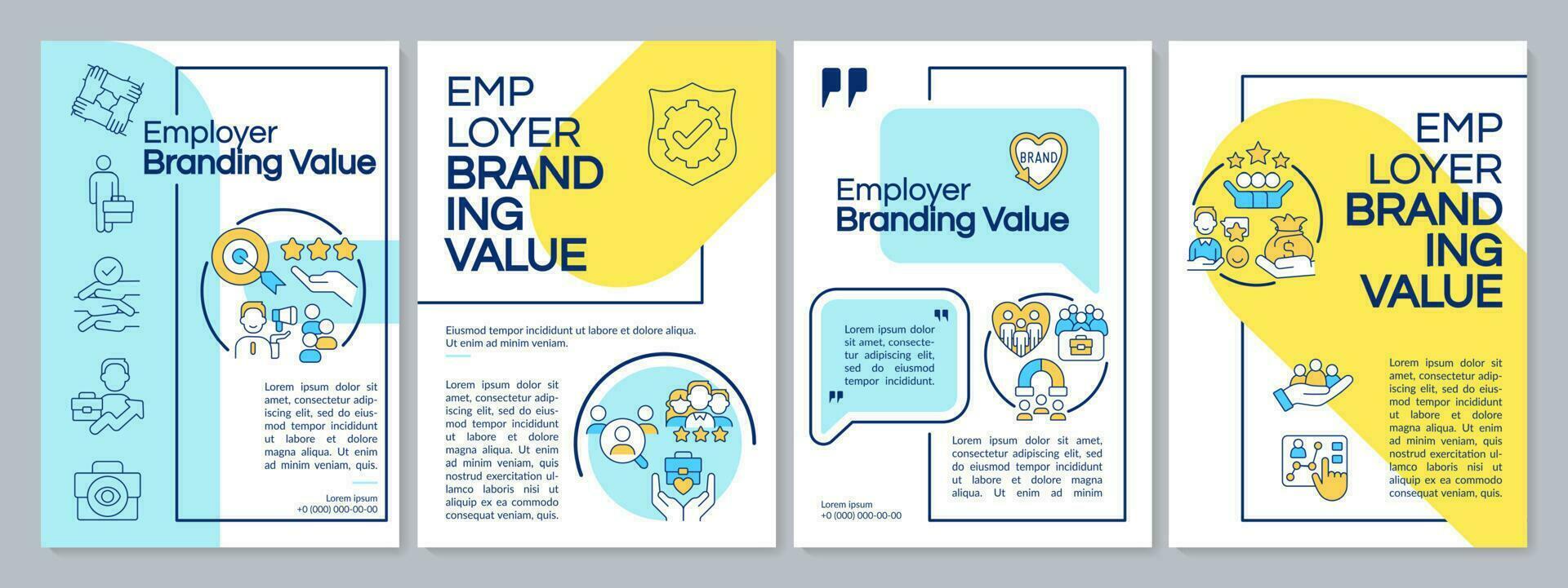 Company value blue and yellow brochure template. HR system. Leaflet design with linear icons. Editable 4 vector layouts for presentation, annual reports