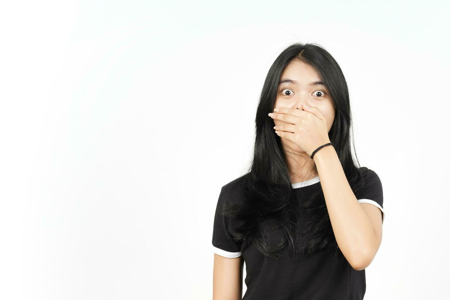 Shocked And Covering Mouth Of Beautiful Asian Woman Isolated On White Background photo