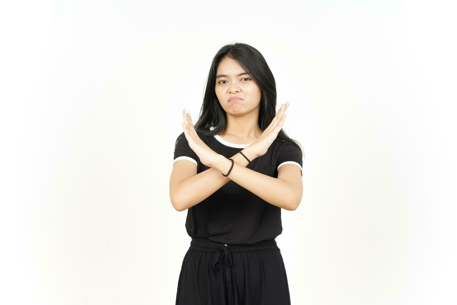 Crossed arms for rejection gesture Of Beautiful Asian Woman Isolated On White Background photo