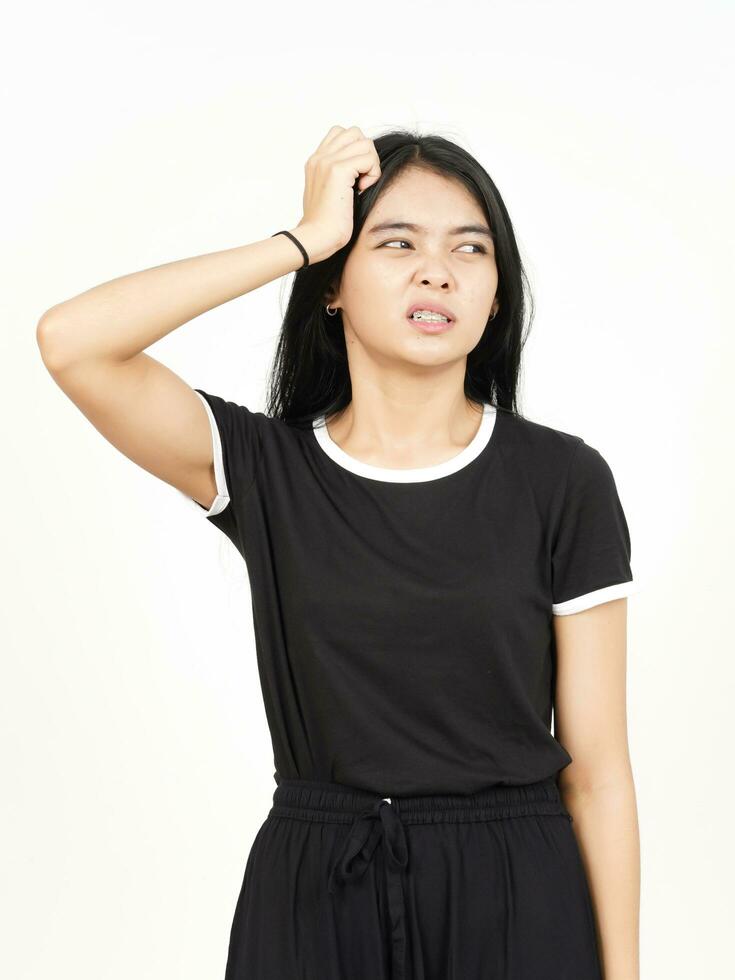 Hand on head and Confused gesture Of Beautiful Asian Woman Isolated On White Background photo