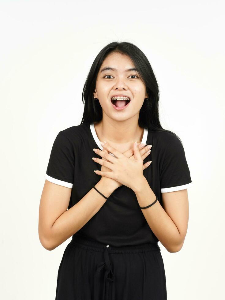 Hand on chest with wow or shocked face expression Of Beautiful Asian Woman Isolated On White photo