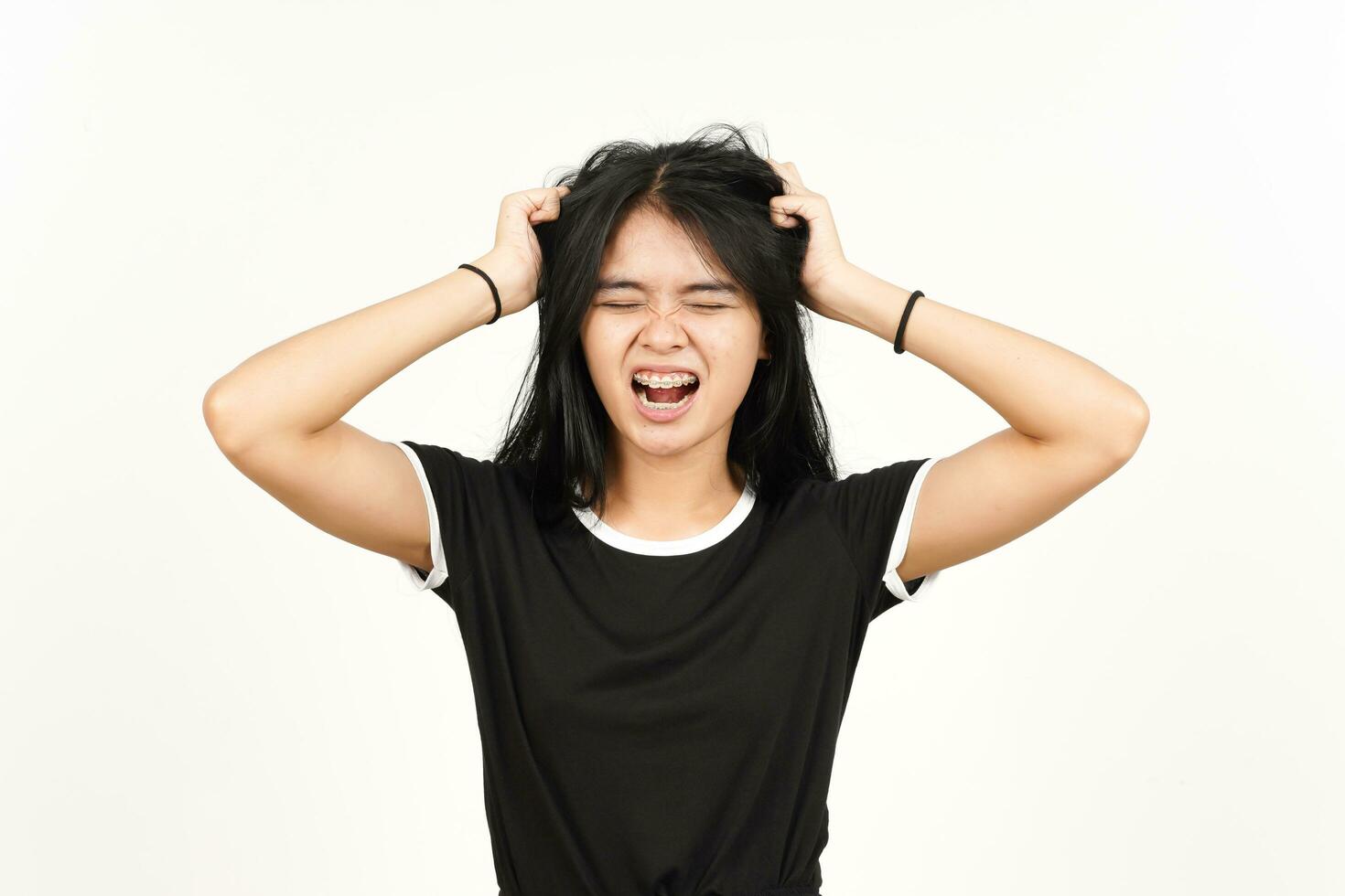 Angry Stressed and Pull Hair Of Beautiful Asian Woman Isolated On White Background photo