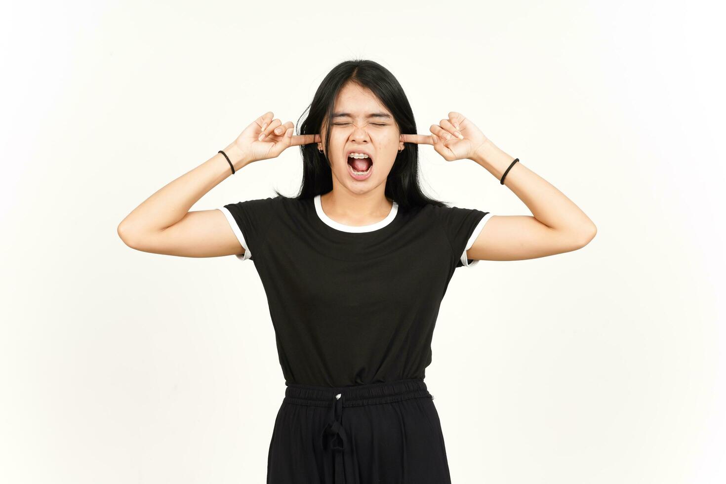 Hears bothering noise Of Beautiful Asian Woman Isolated On White Background photo