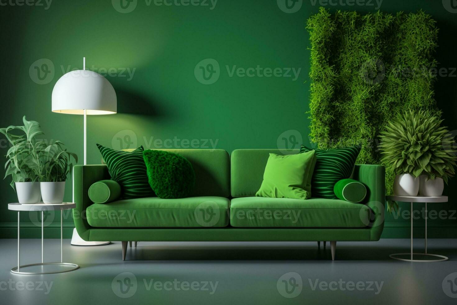 Green interior in modern interior of living room style with soft sofa and green wall AI Generated photo