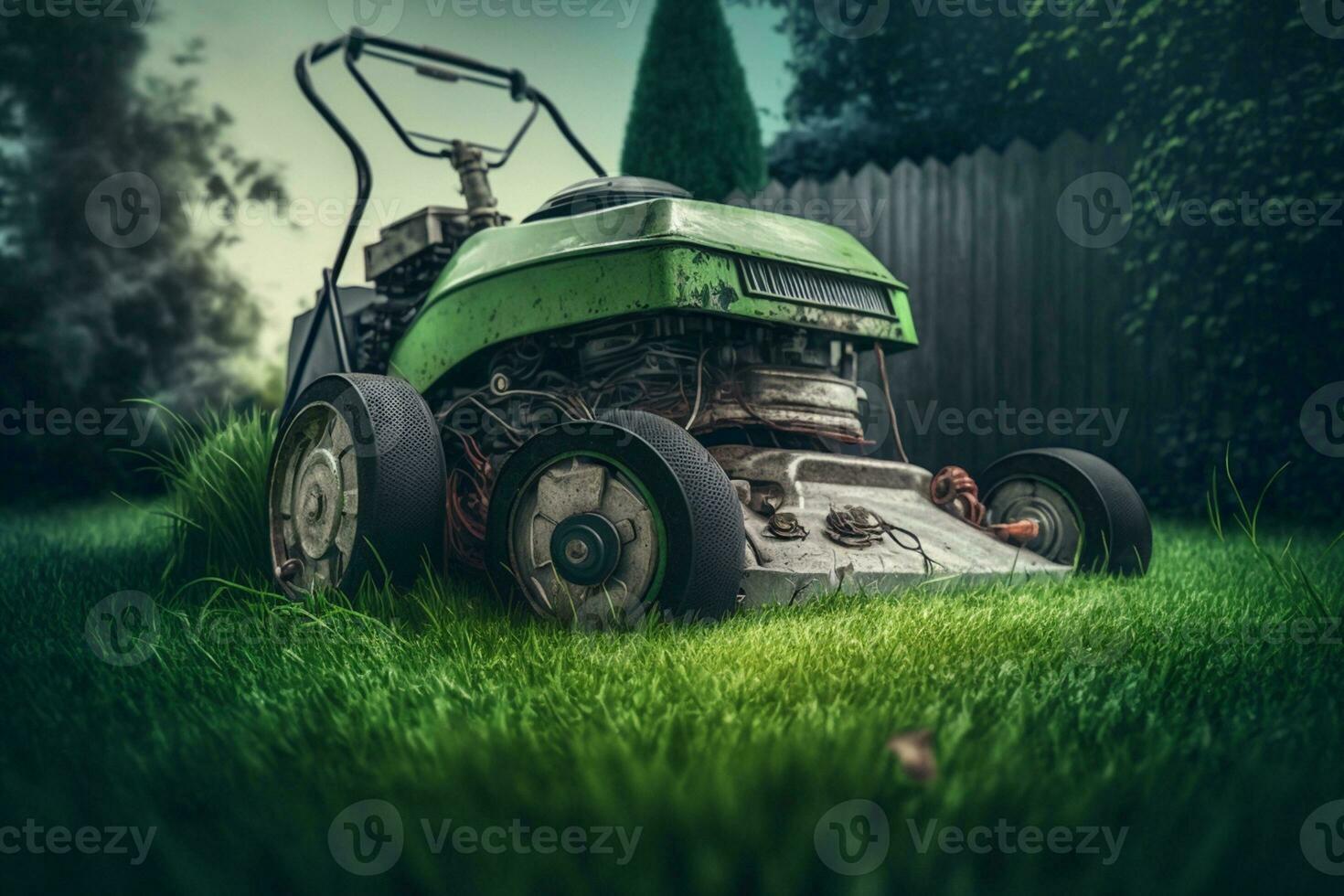 Lawn mower removing green grass in backyard, mowing lawn AI Generated photo