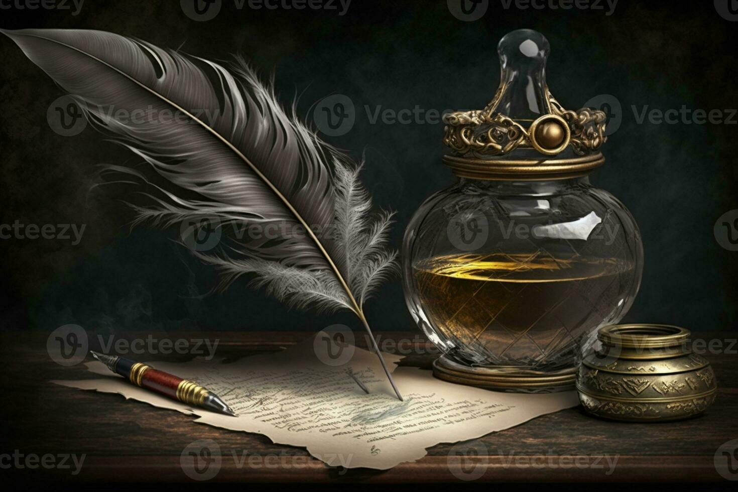Inkwell and feather on a background of the empty form for the letter AI Generated photo
