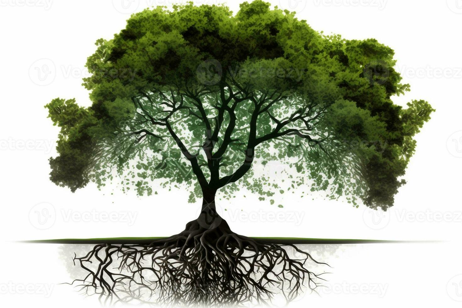 Big green tree with roots beneath isolated White Empty Background AI Generated photo
