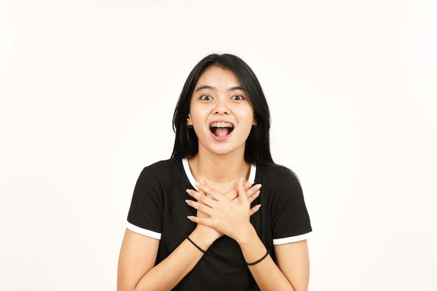 Hand on chest with wow or shocked face expression Of Beautiful Asian Woman Isolated On White photo