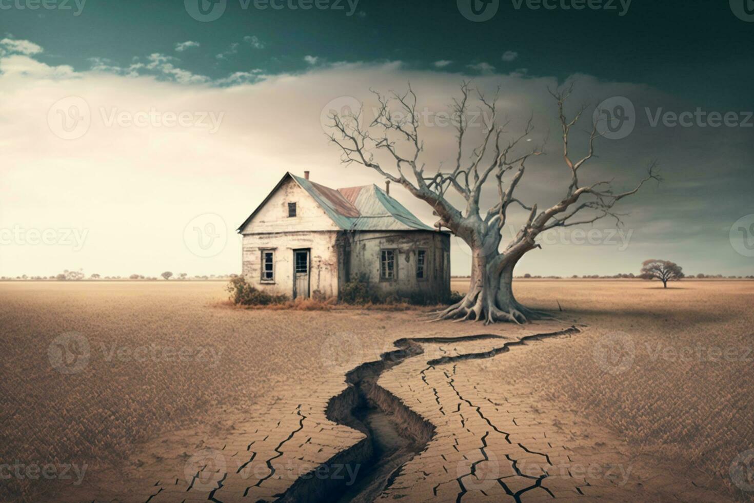 Abandoned farm in the middle of dried agricultural fields with cracked soil and trees. Drought ecological problem concept AI Generated photo