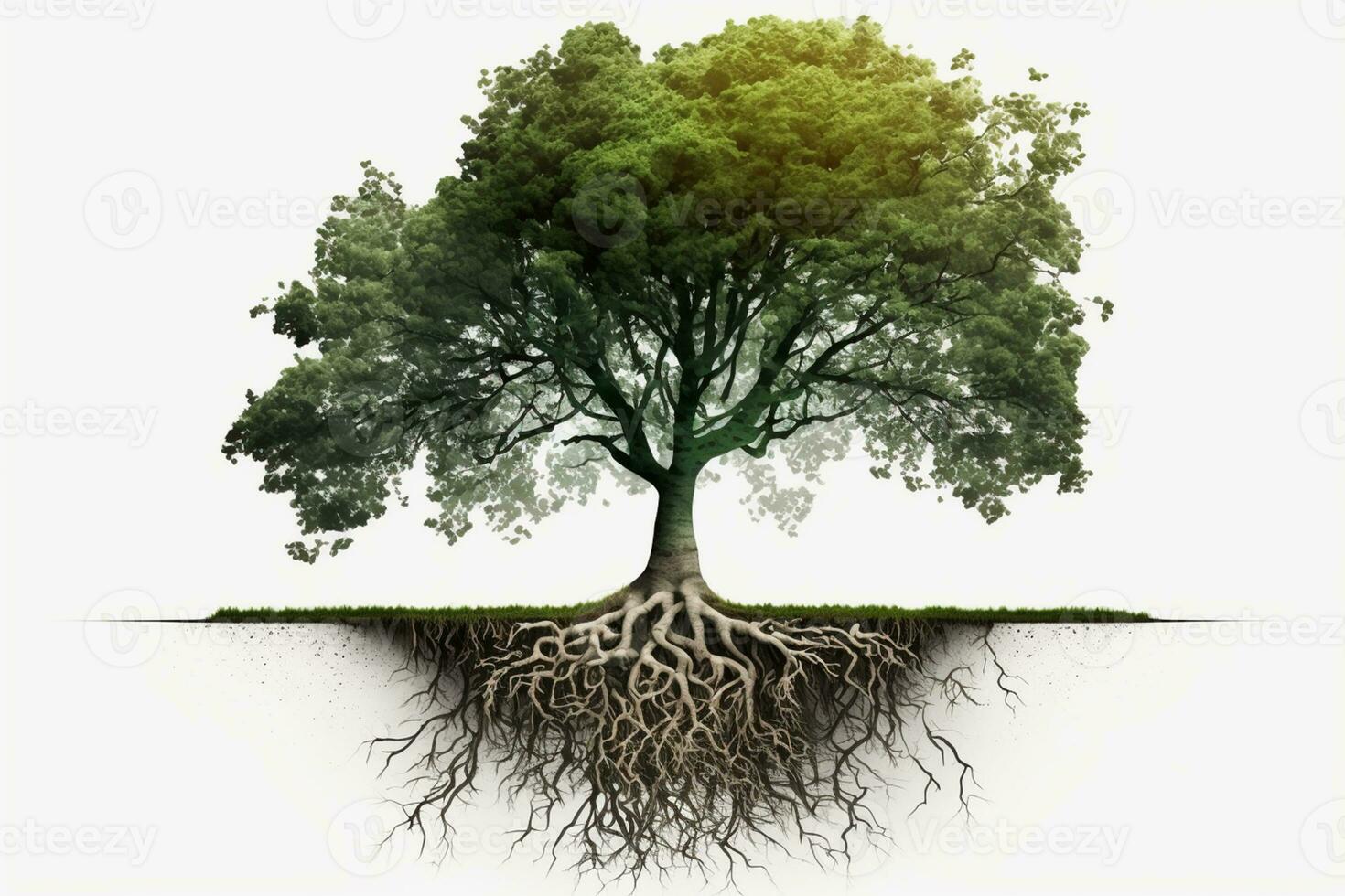 Big green tree with roots beneath isolated White Empty Background AI Generated photo