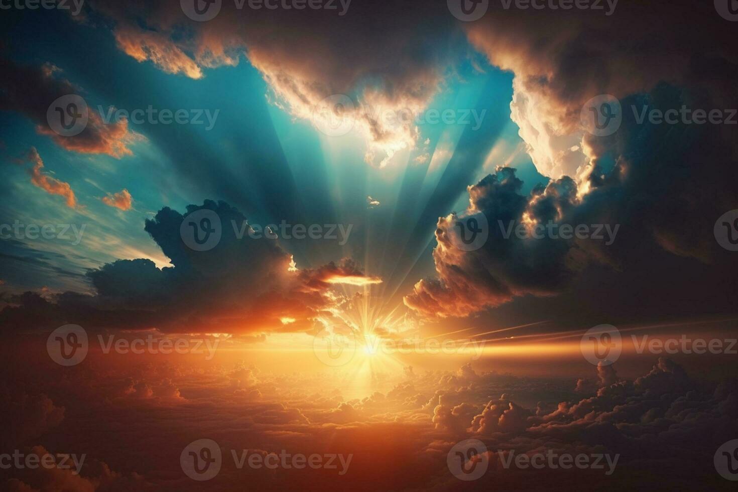 Sunrise dramatic blue sky with orange sun rays breaking through the clouds. Nature background AI Generated photo