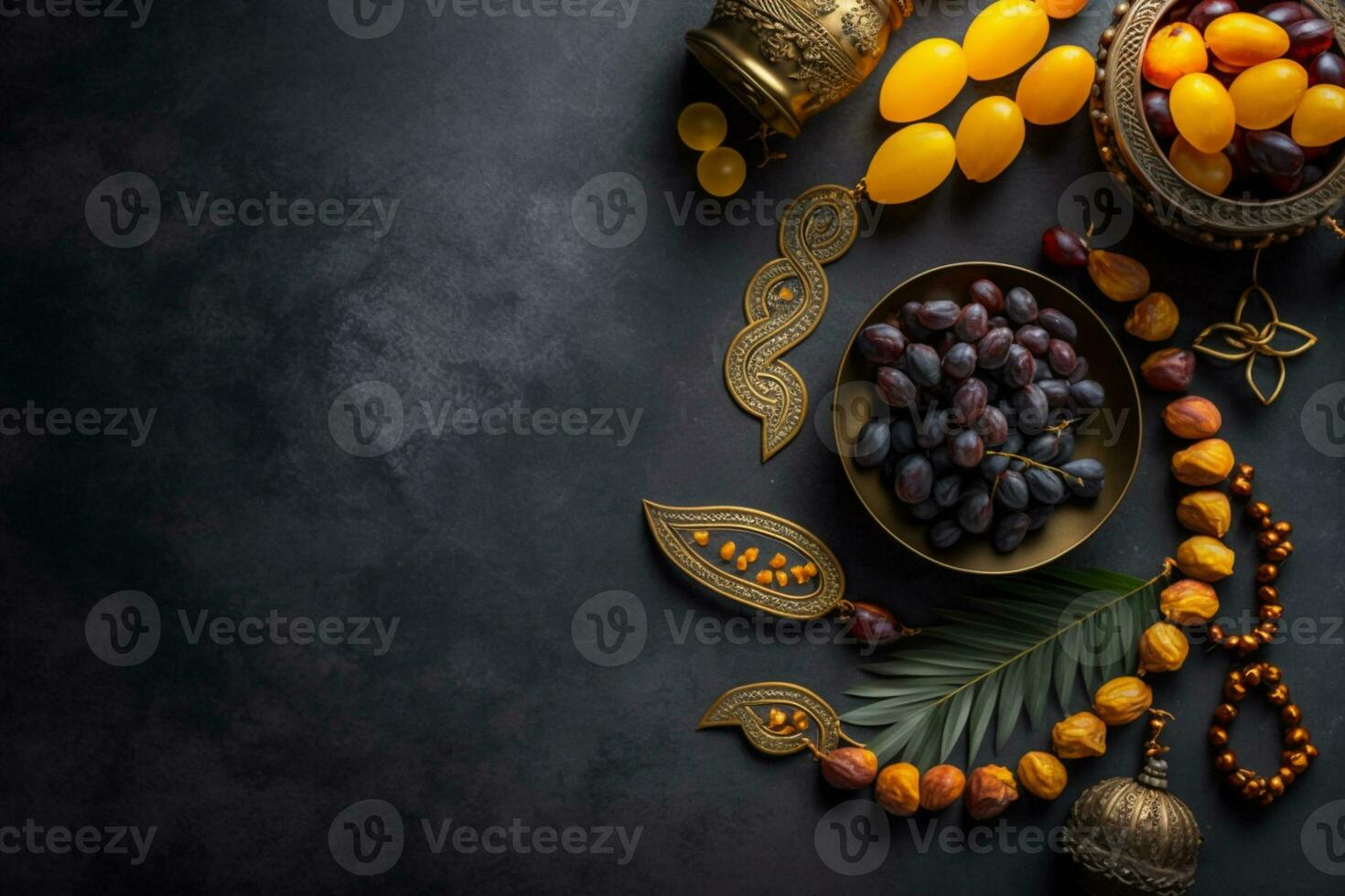 Top view image of decoration Ramadan Kareem, dates fruit, aladdin lamp and rosary beads on dark stone background. Flat lay with copy space AI Generated photo