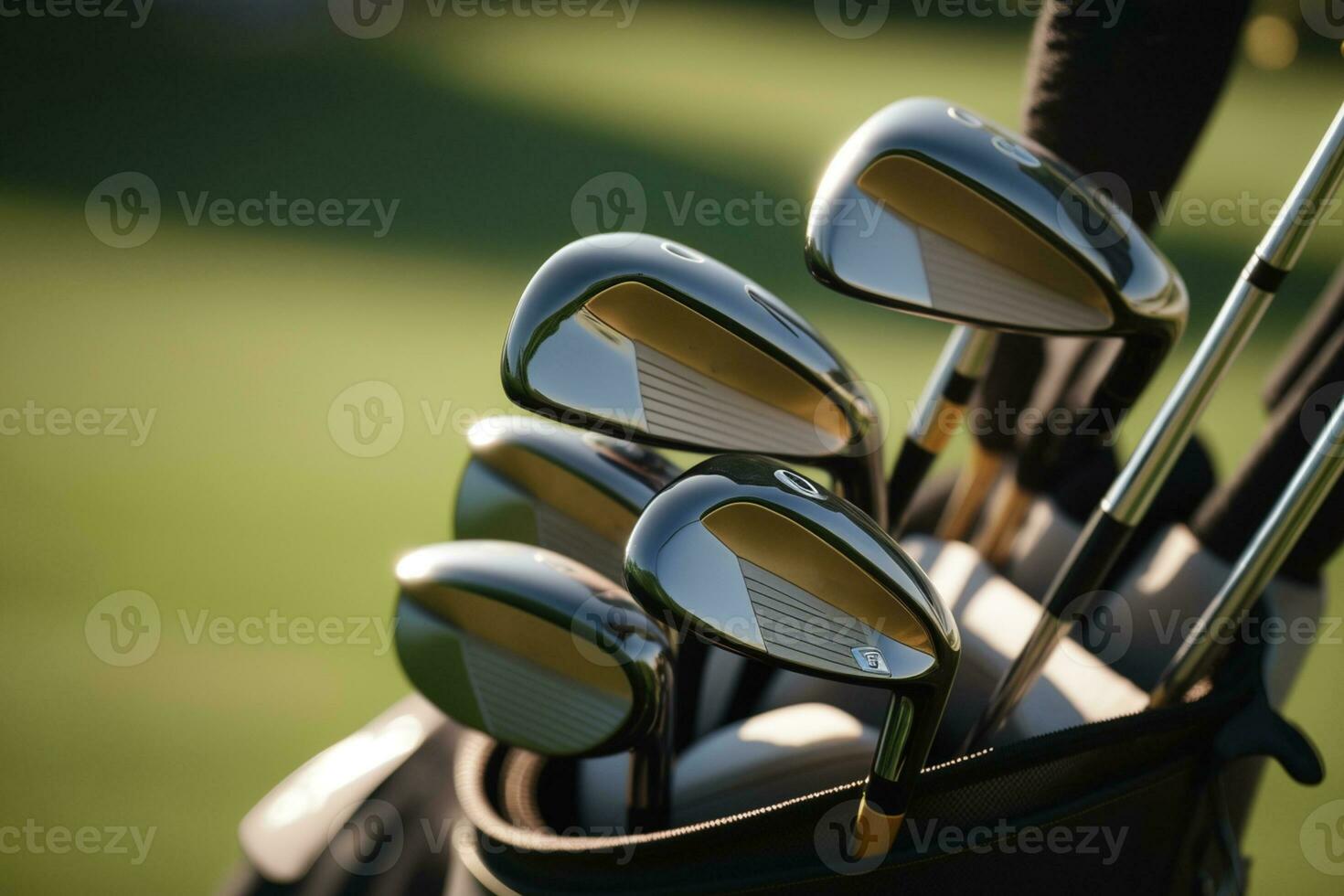 Golf clubs at the golf course, closeup AI Generated photo