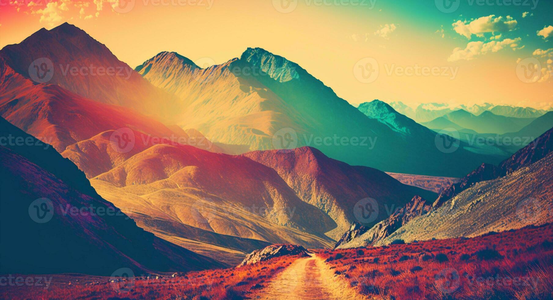 Panoramic view of colorful sunrise in mountains AI Generated photo