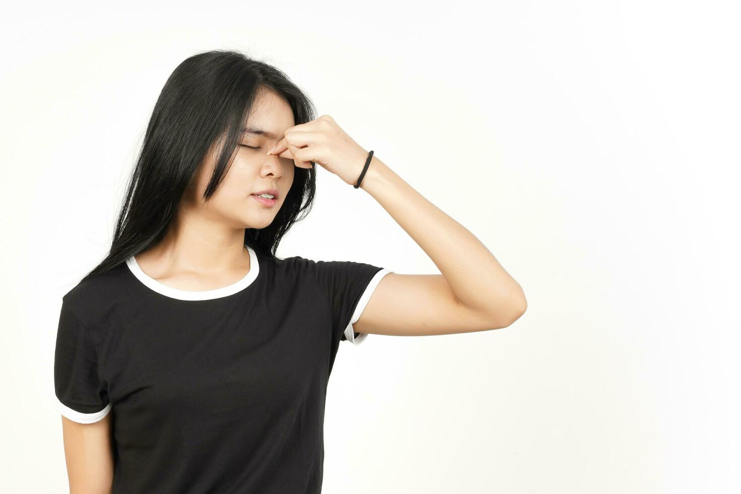 Suffering Headache Gesture Of Beautiful Asian Woman Isolated On White Background photo