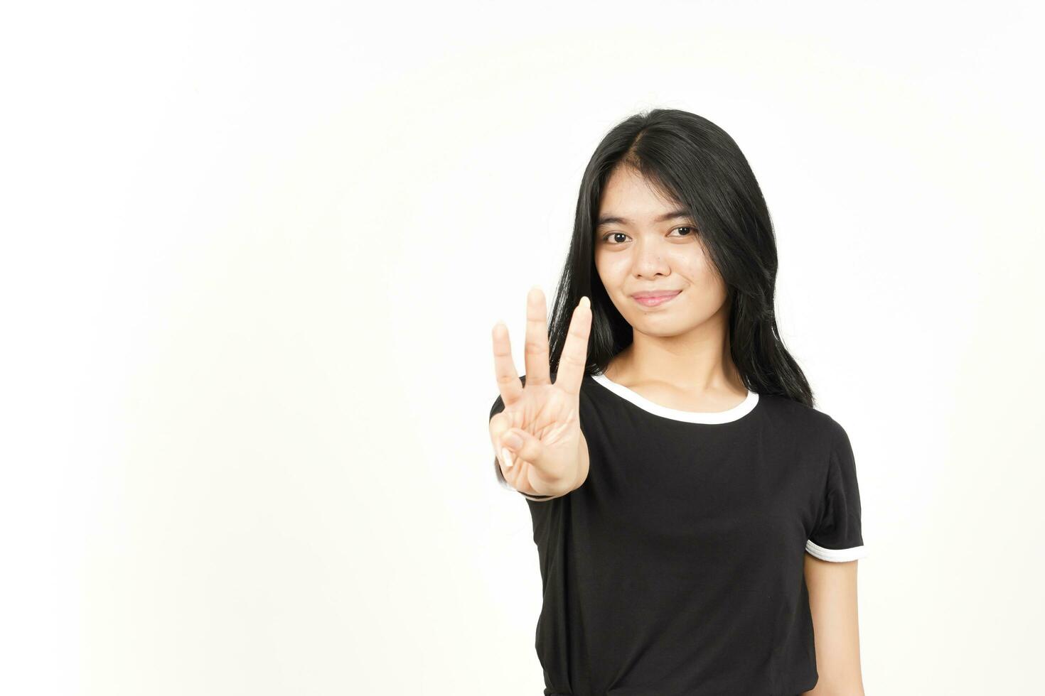 Showing count Three finger Of Beautiful Asian Woman Isolated On White Background photo