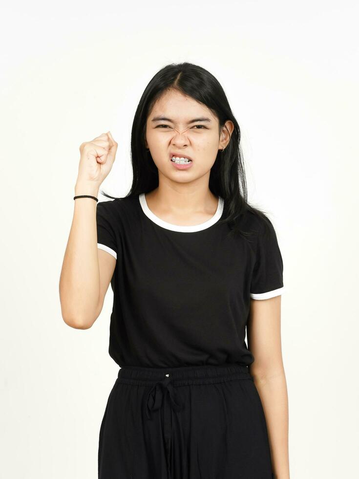 Angry face and Showing fist Of Beautiful Asian Woman Isolated On White Background photo