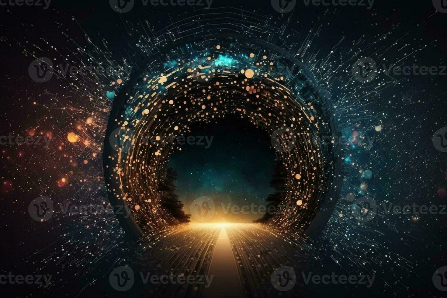 Digital tunnel of cyberspace with particles and lighting, Technology network connections abstract background concept AI Generated photo