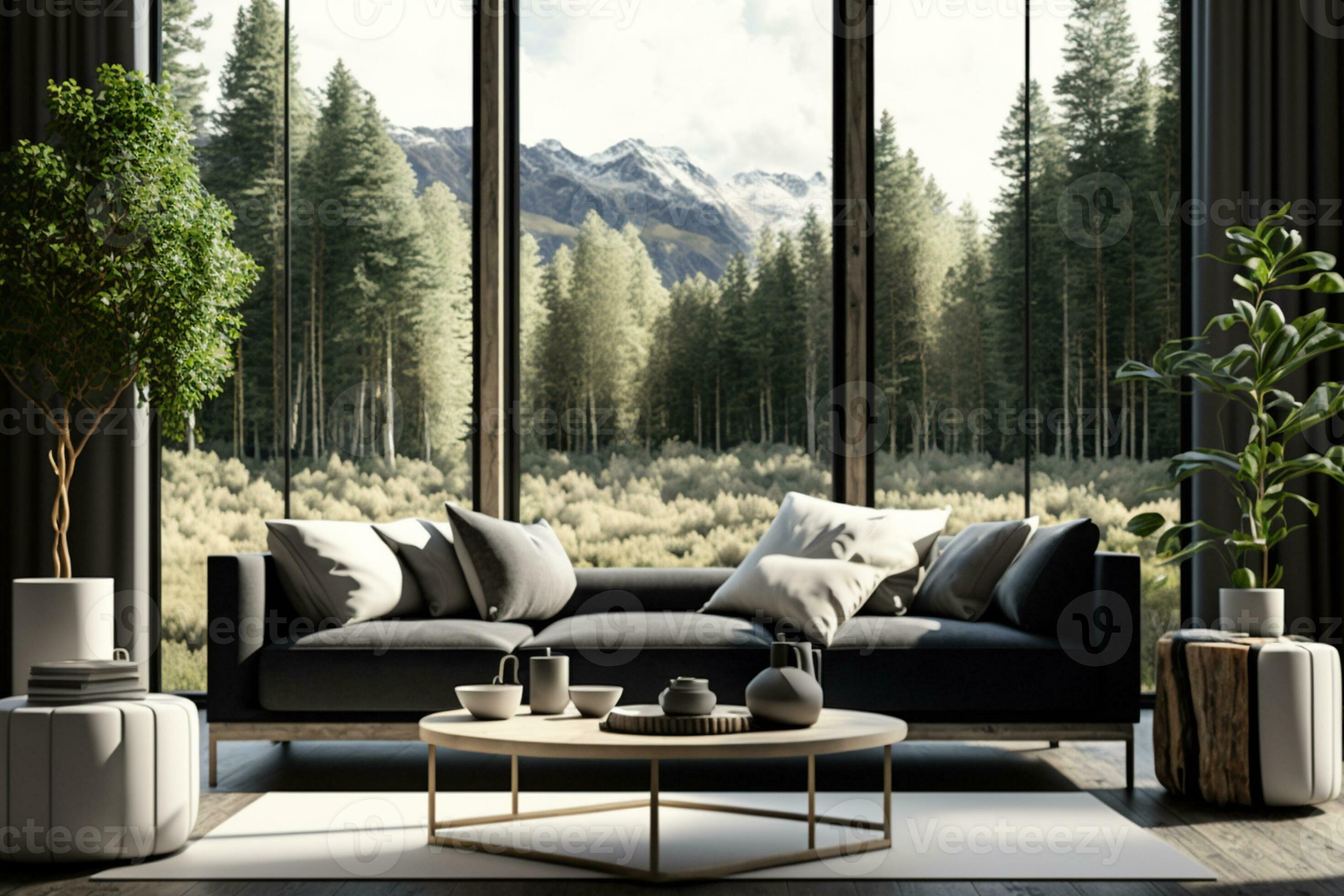 Modern living room with nature view 3d rendering Image. There are large