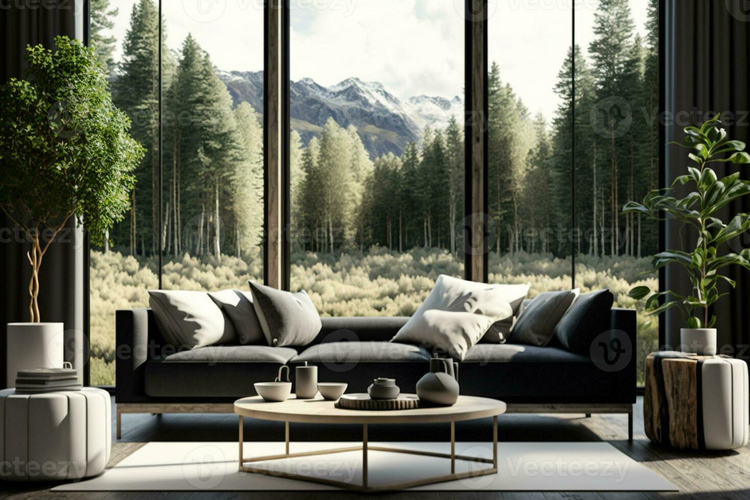 Modern living room with nature view 3d rendering Image. There are large window overlooking the surrounding nature and forest AI Generated photo
