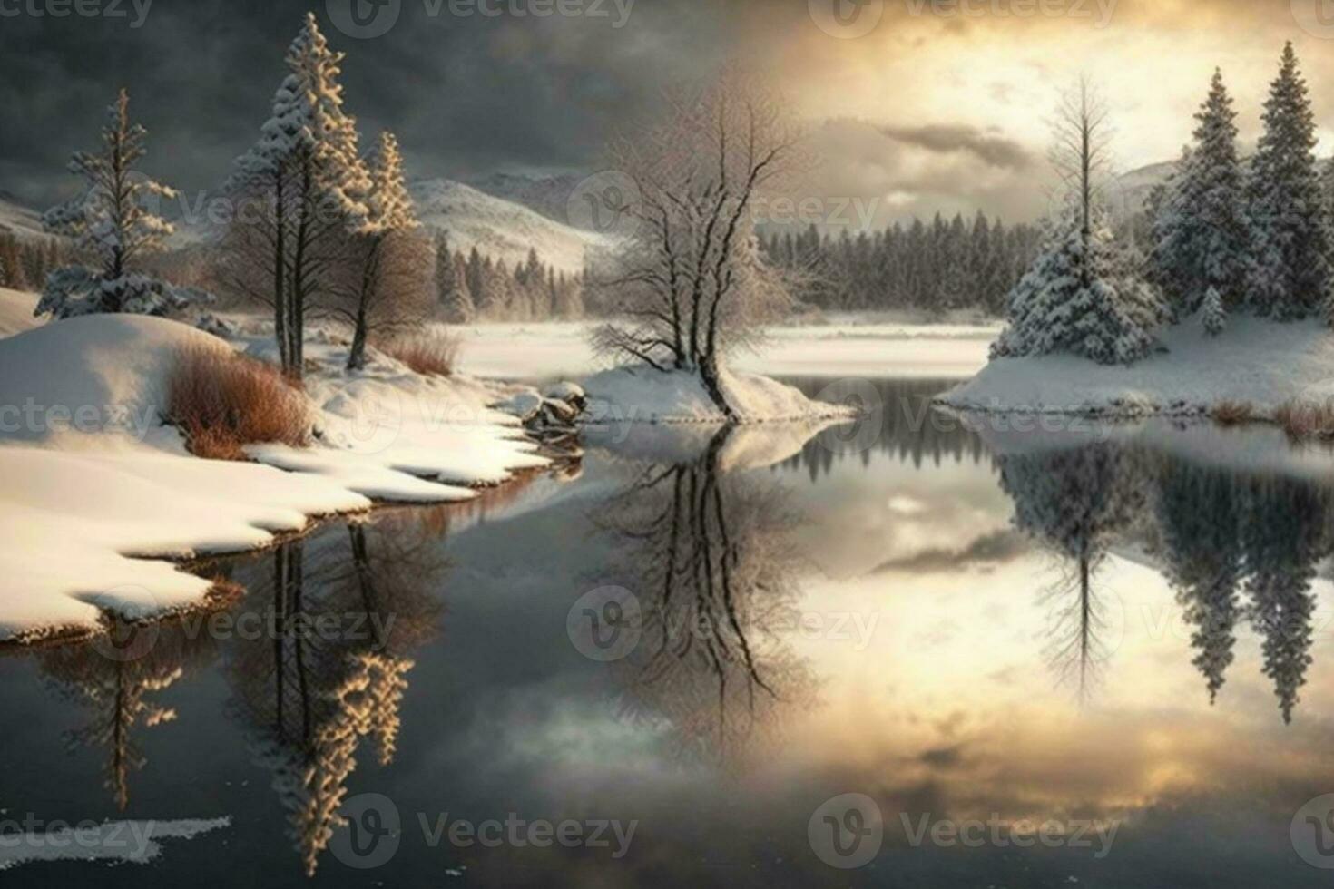 Winter landscape with beautiful reflection in the water AI Generated photo