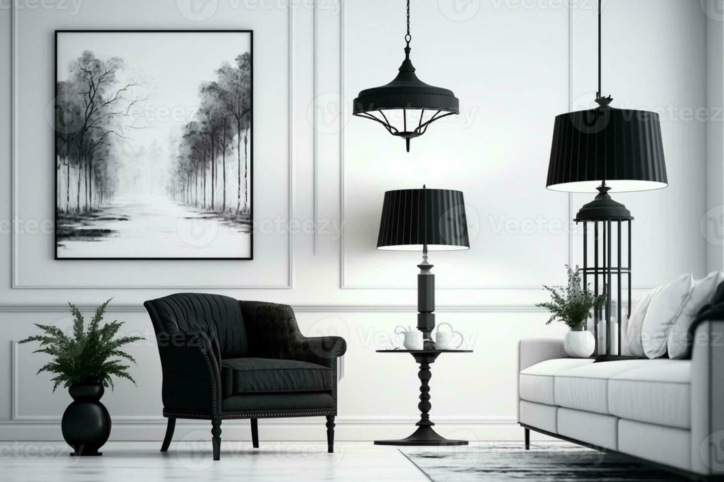 Interior design black living room furniture and lamp on white wall with copy scape AI Generated photo