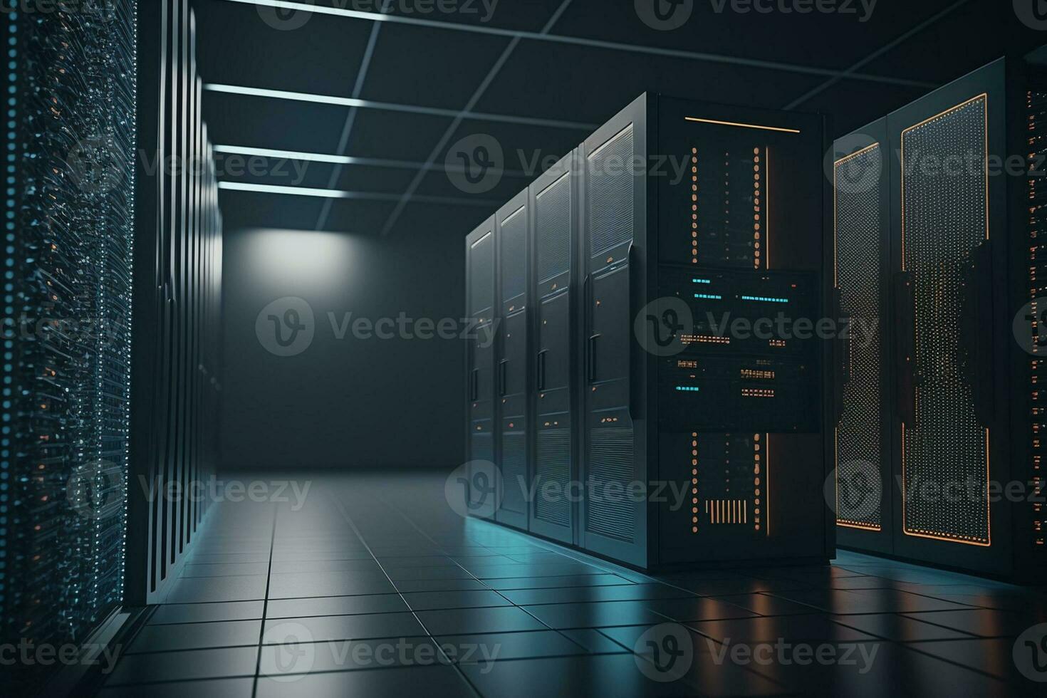 Modern dark data center, focus on the foreground AI Generated photo