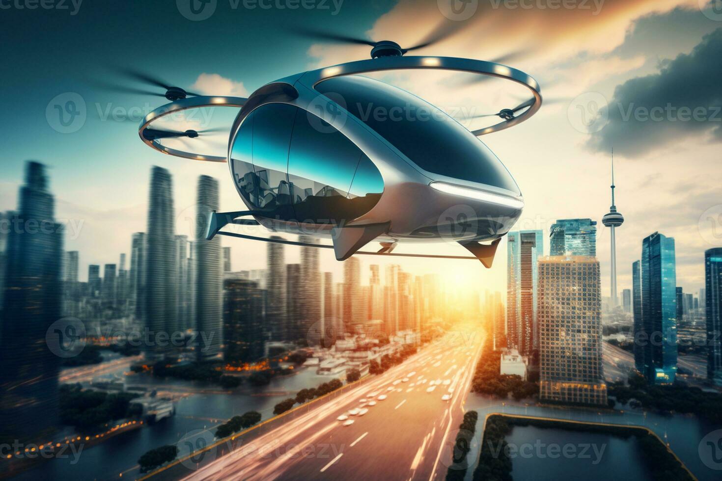 autónomo sin conductor aéreo vehículo volador en ciudad antecedentes futuro transporte ai generado foto