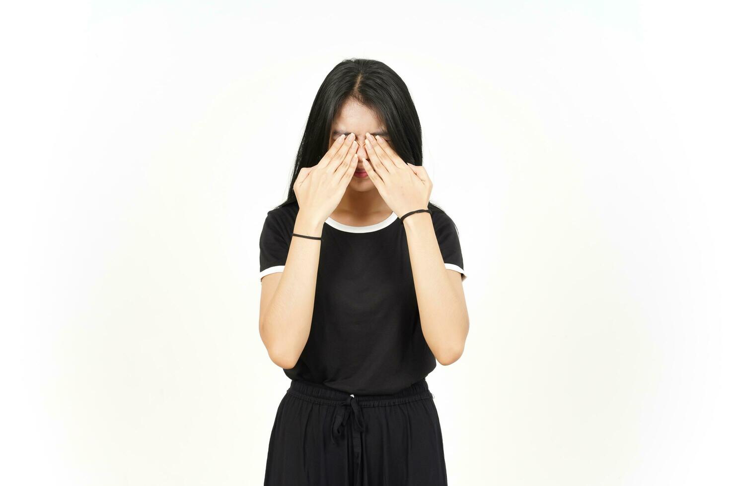 Covering Eye using hand Of Beautiful Asian Woman Isolated On White Background photo