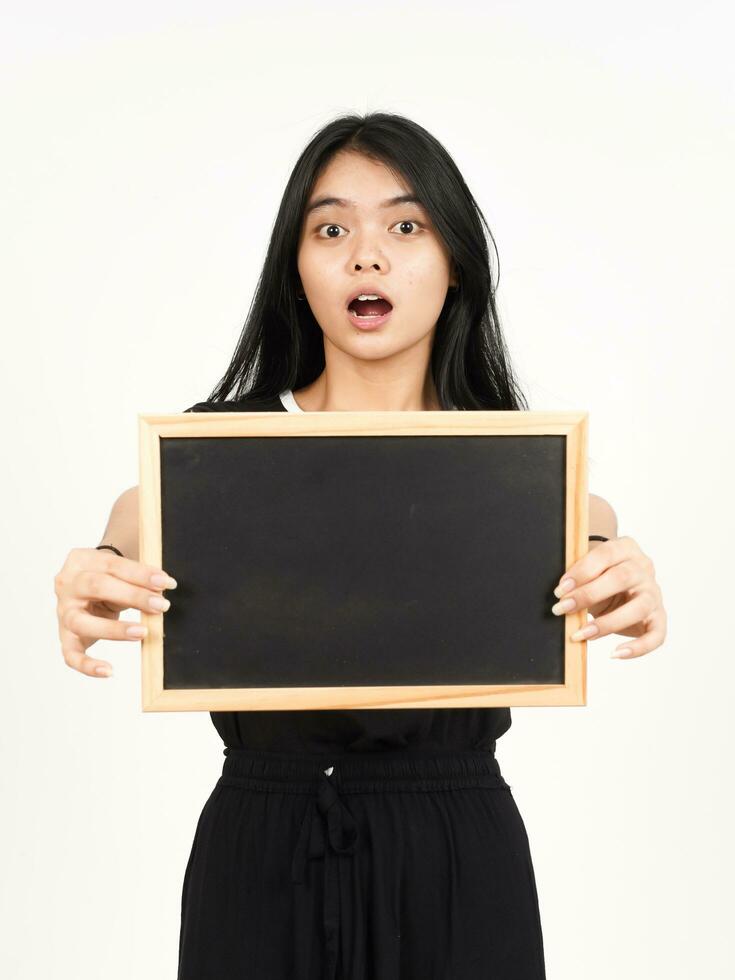Showing, Presenting and holding Blank Blackboard Of Beautiful Asian Woman Isolated On White photo