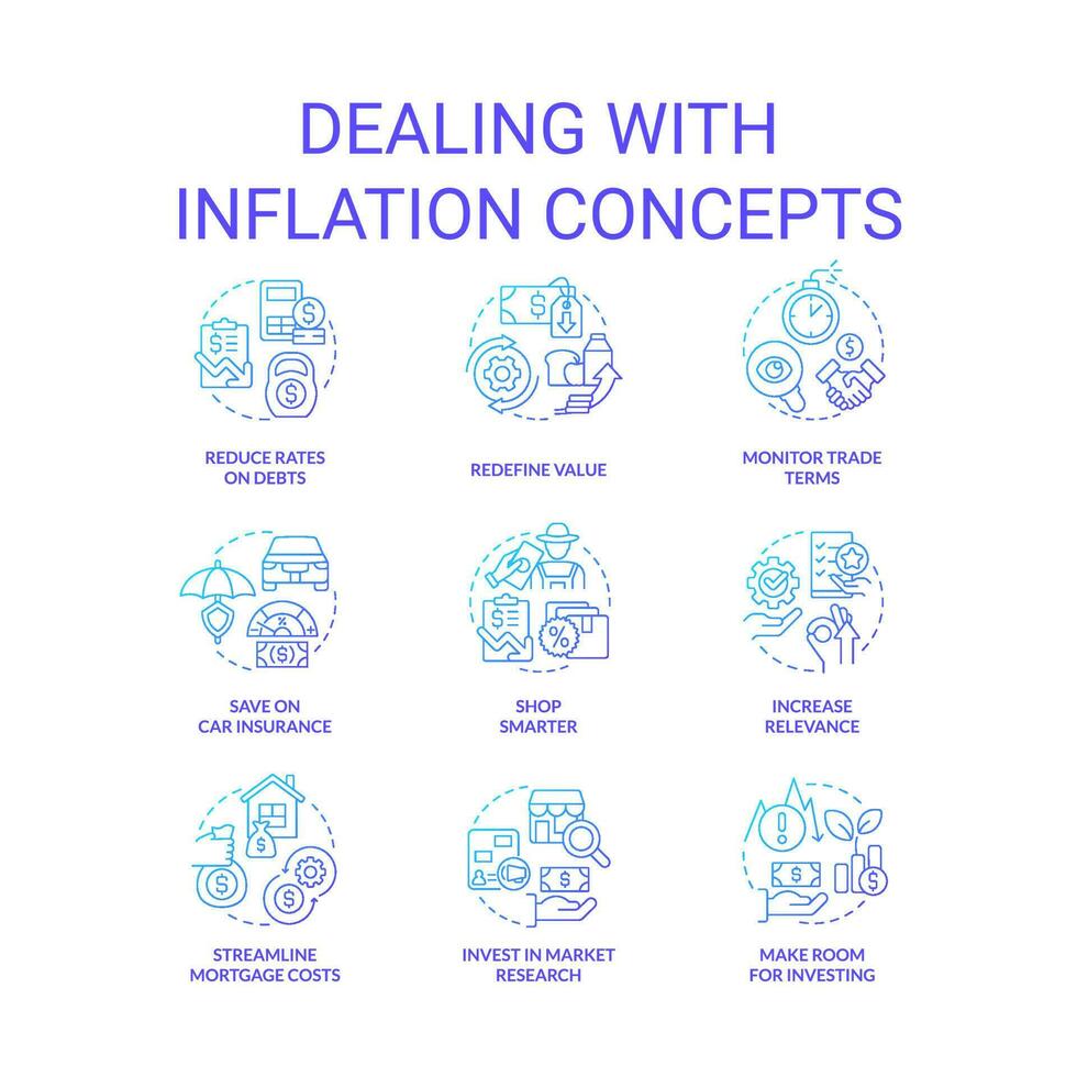 Dealing with inflation blue gradient concept icons set. Rising prices. Interest rates. Economics idea thin line color illustrations. Isolated symbols vector