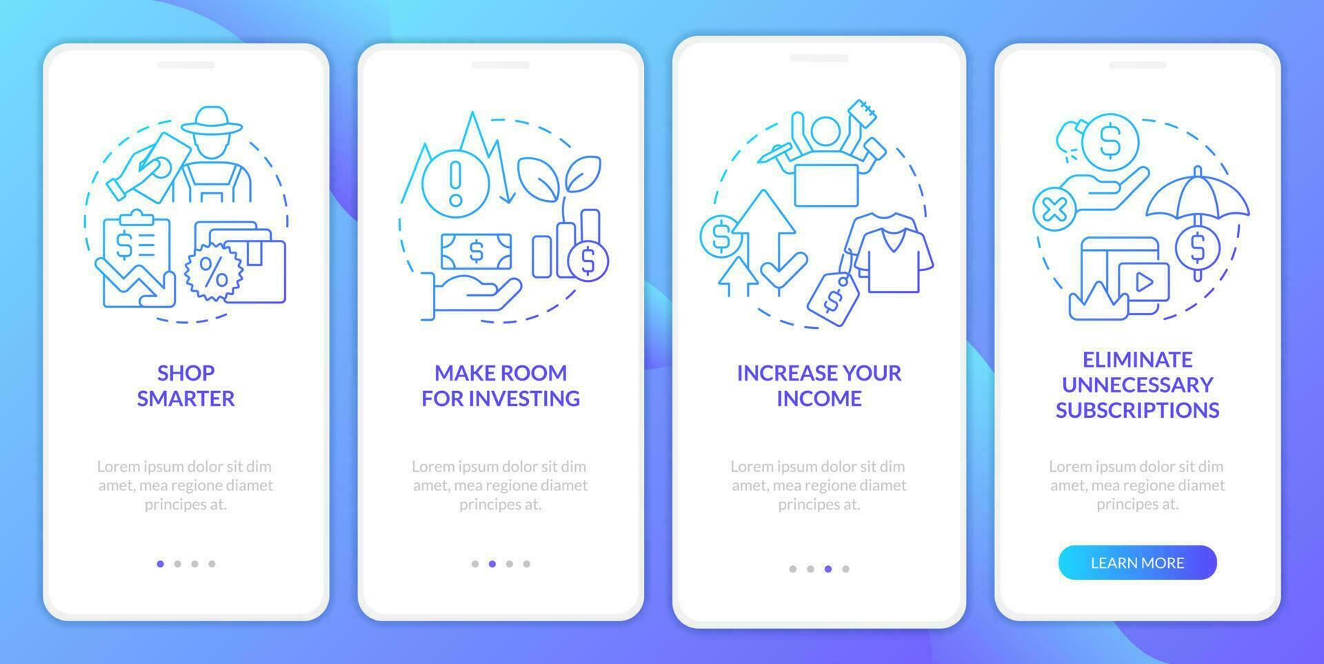 Budget planning for inflation blue gradient onboarding mobile app screen. Walkthrough 4 steps graphic instructions with linear concepts. UI, UX, GUI template vector