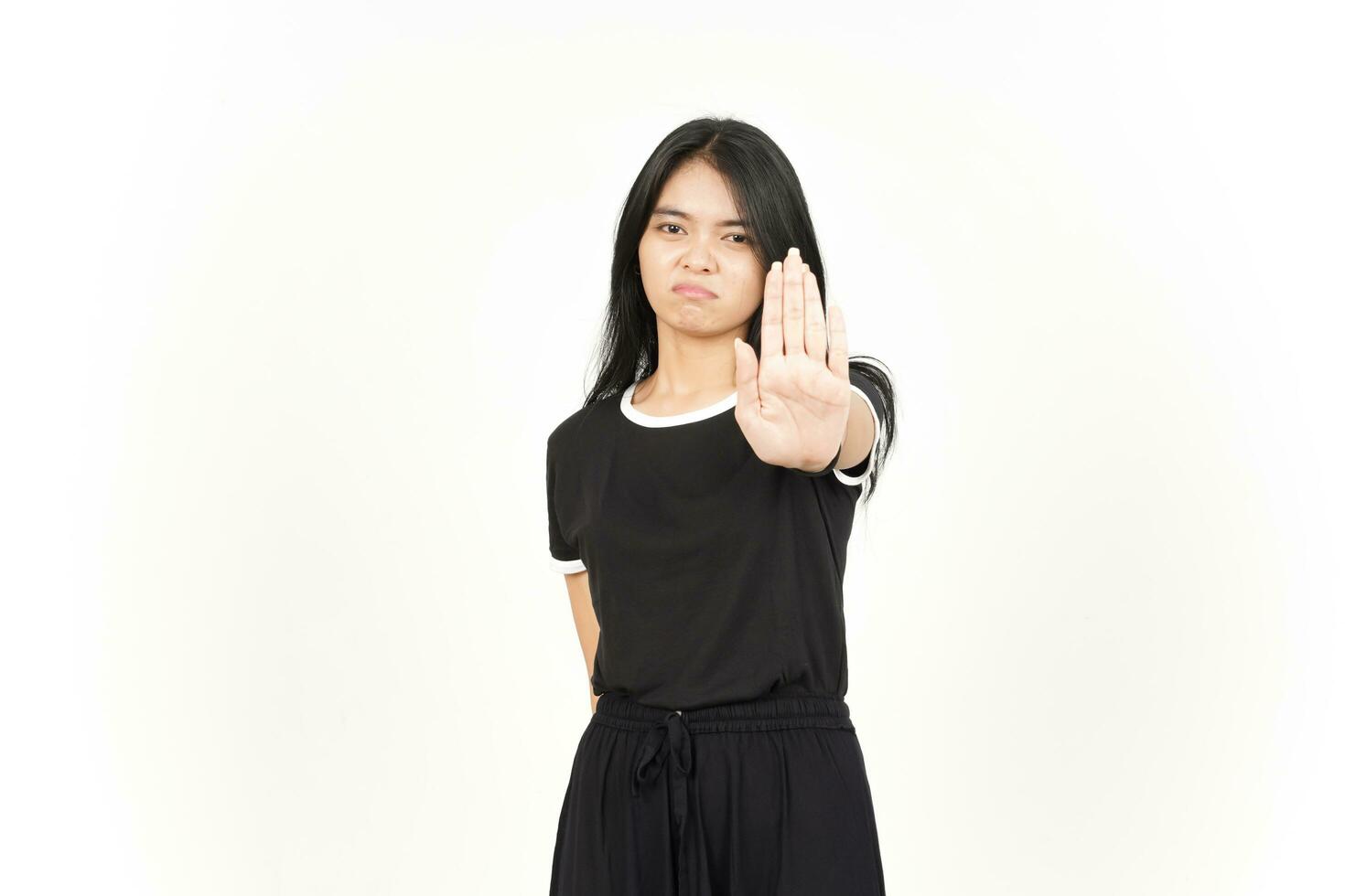 STOP Rejection hand Gesture Of Beautiful Asian Woman Isolated On White Background photo
