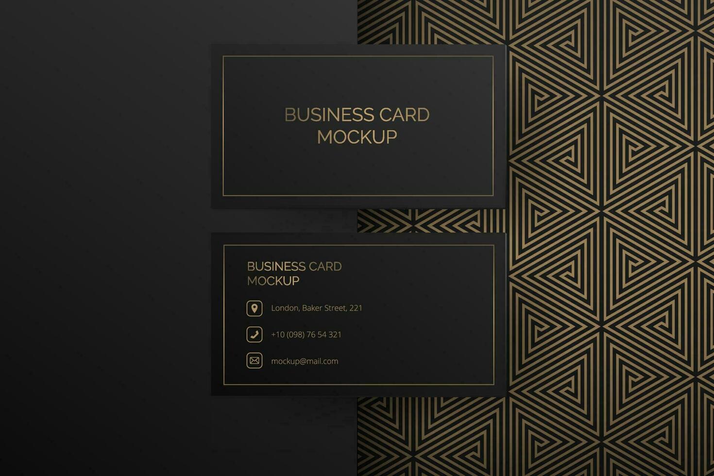 Business card mock up template. Abstract art deco design in black and gold features geometric triangles, mosaic pattern. Identity card showcase, luxury style. Perfect mockup for corporate branding vector