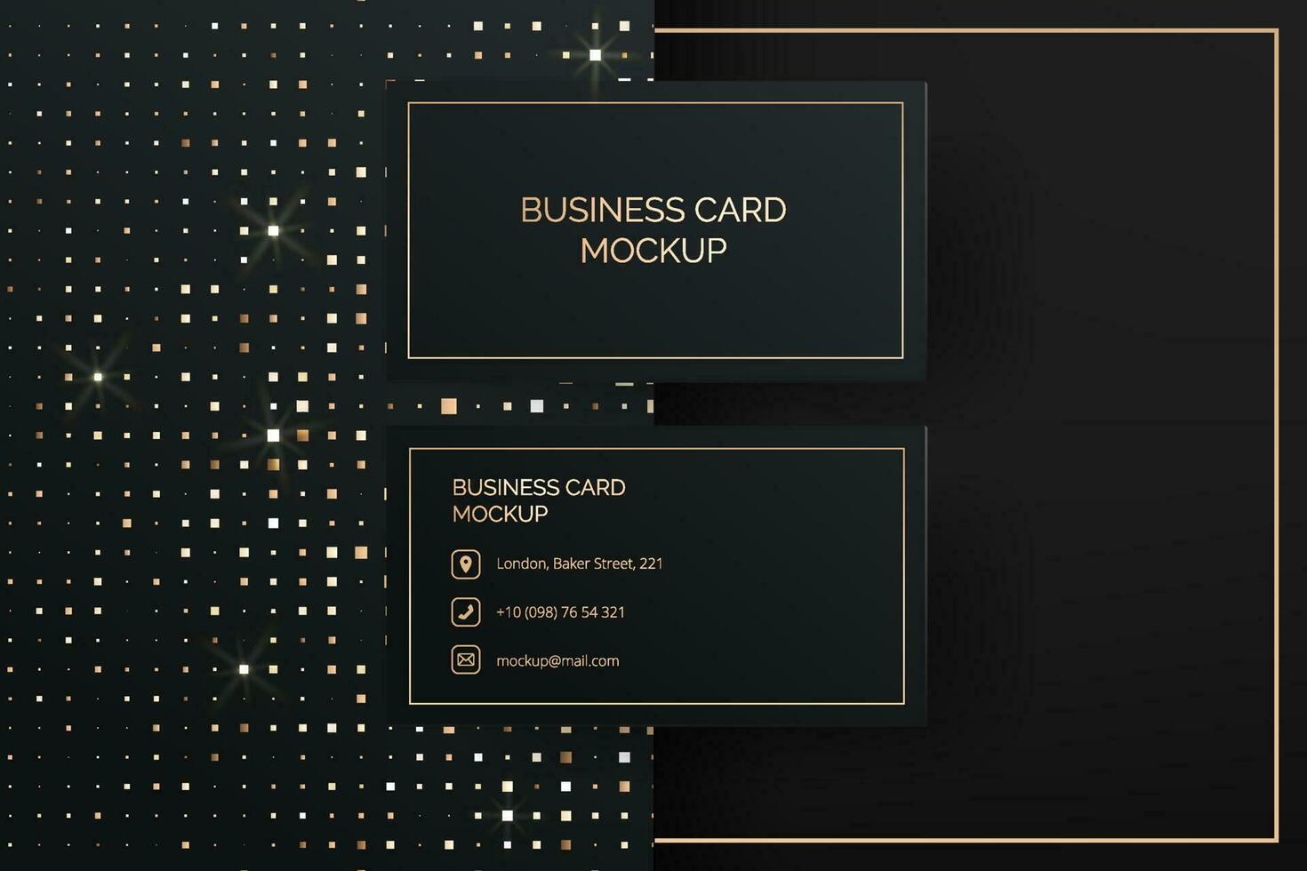 Elegant black and gold vector business card mockup template. The abstract glitter design adds a touch of luxury. Premium mockup for company's identity and contact information for corporate branding