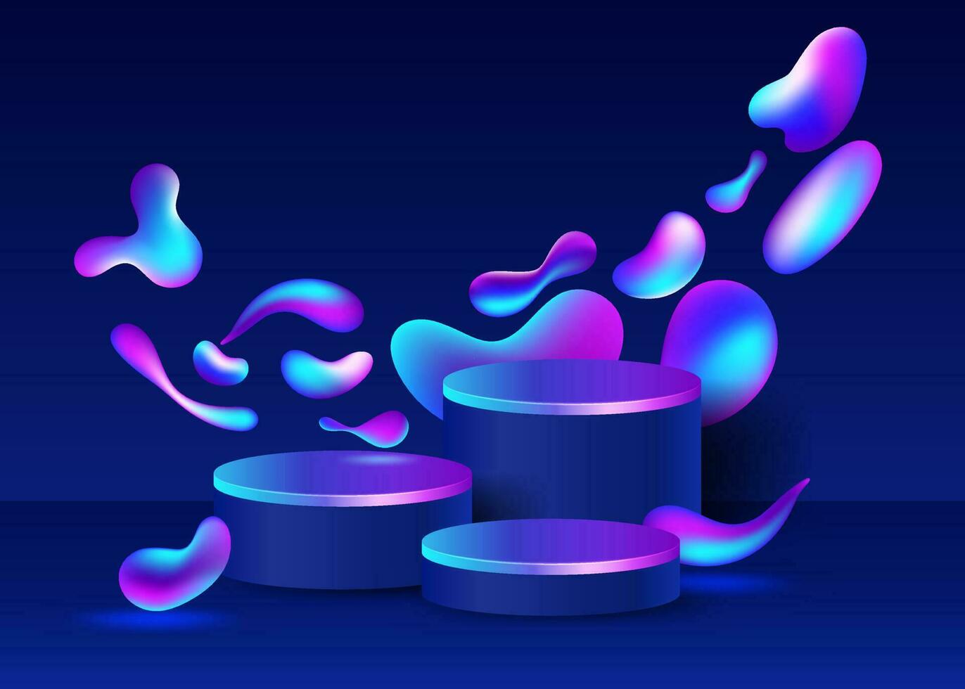 Showroom with cylinder podium is surrounded by a sci fi style lava flow and illuminated by a glowing LED line. Futuristic 3D scene in blue, purple neon colors with pedestal for product placement. vector