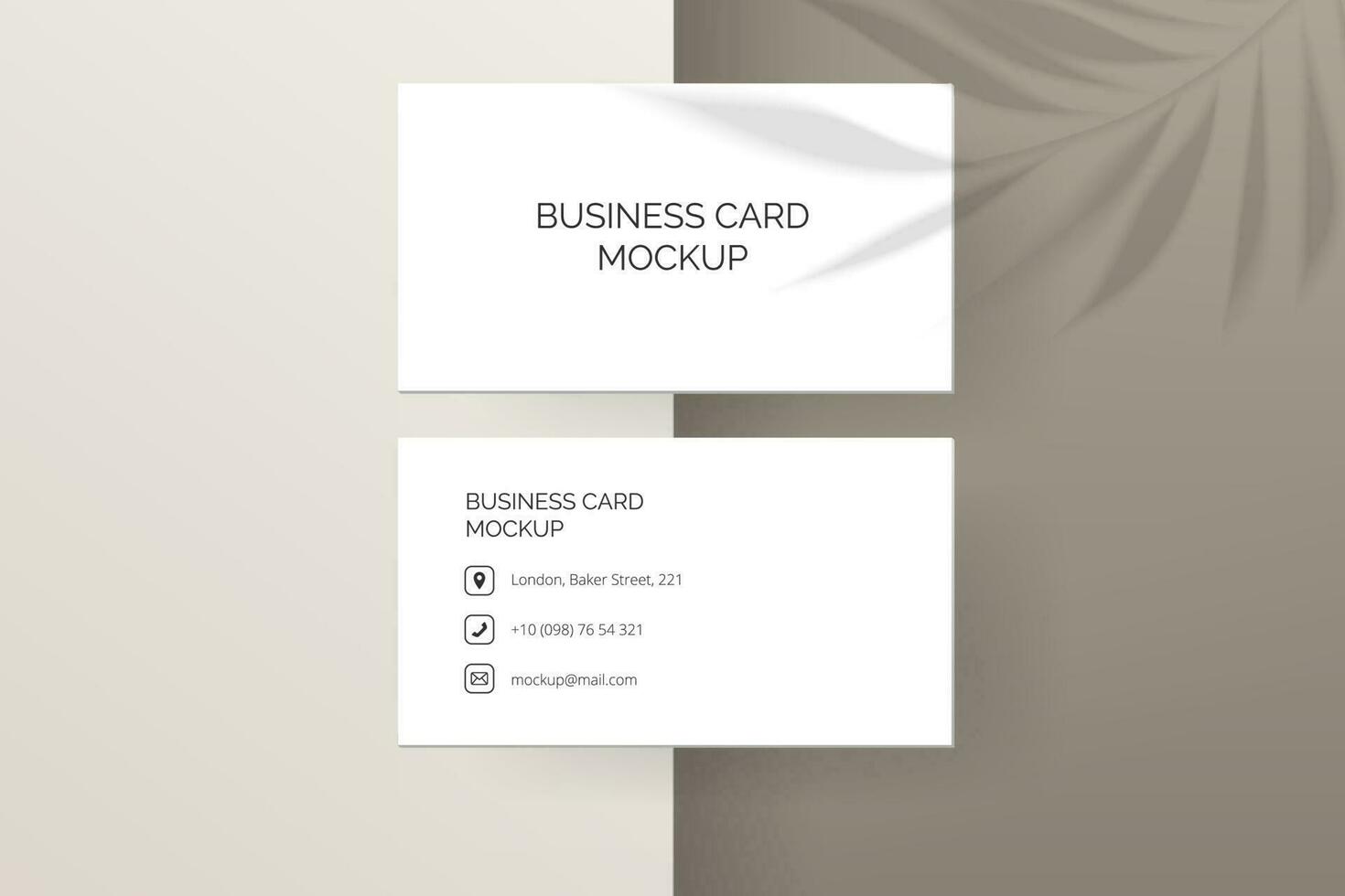 Vector image features a business card mockup with realistic texture and shadow, on a beige background with leaves shadow. Use it as a template for branding, corporate identity, or stationery design.