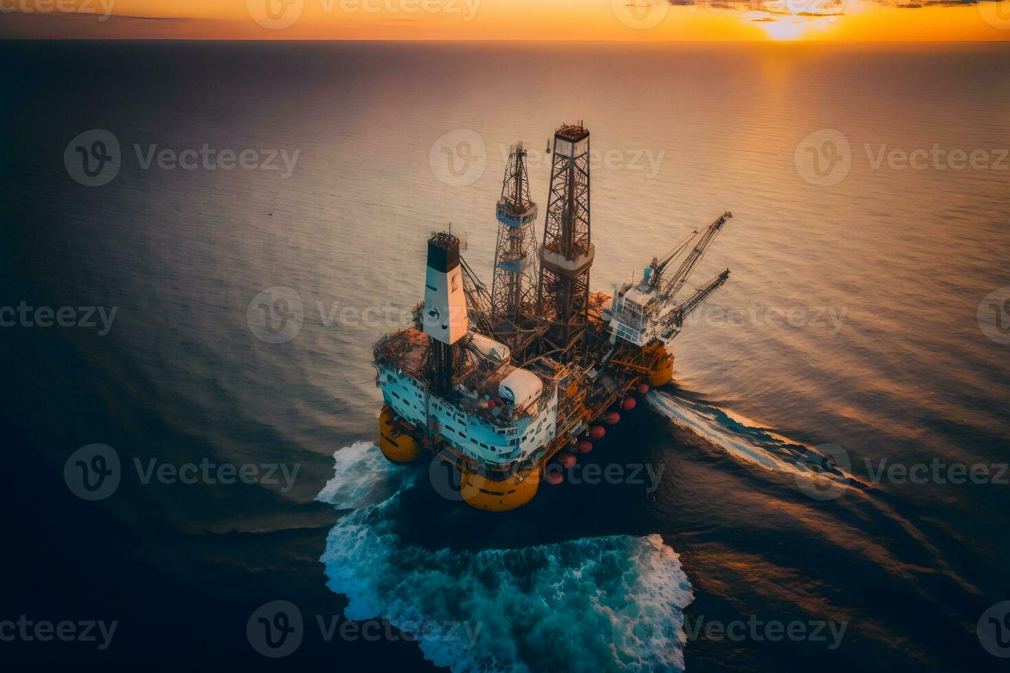 Aerial view offshore drilling rig jack up at the offshore location during sunset. Neural network generated art photo