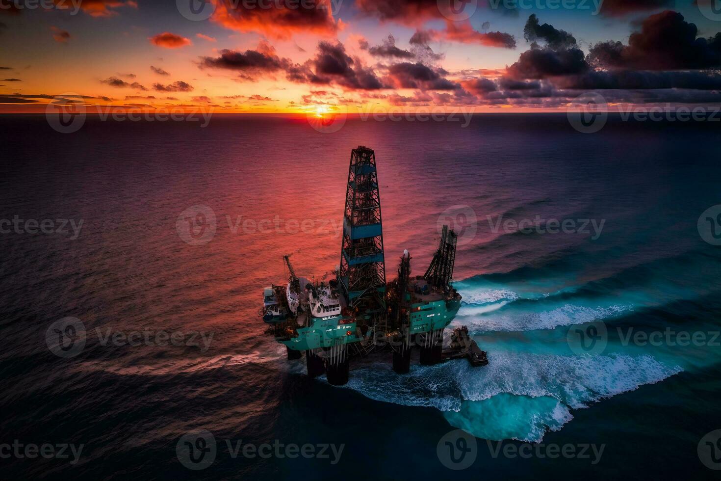 Aerial view offshore drilling rig jack up at the offshore location during sunset. Neural network generated art photo
