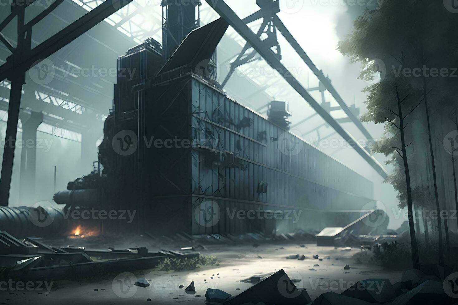 Metal manufacturing factory building with machinery in daytime. Neural network generated art photo