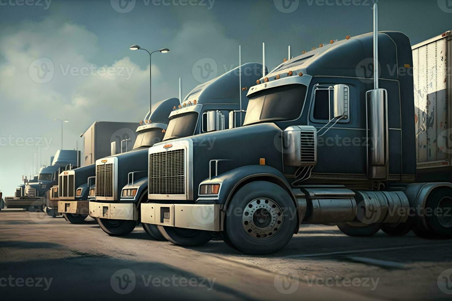 Semi Trailer Trucks on Parking lot. Delivery Trucks for Cargo Shipping. Lorry Industry Freight Truck Logistics Transport. Neural network generated art photo