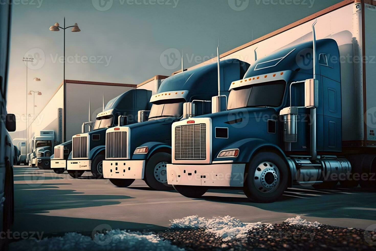 Semi Trailer Trucks on Parking lot. Delivery Trucks for Cargo Shipping. Lorry Industry Freight Truck Logistics Transport. Neural network generated art photo
