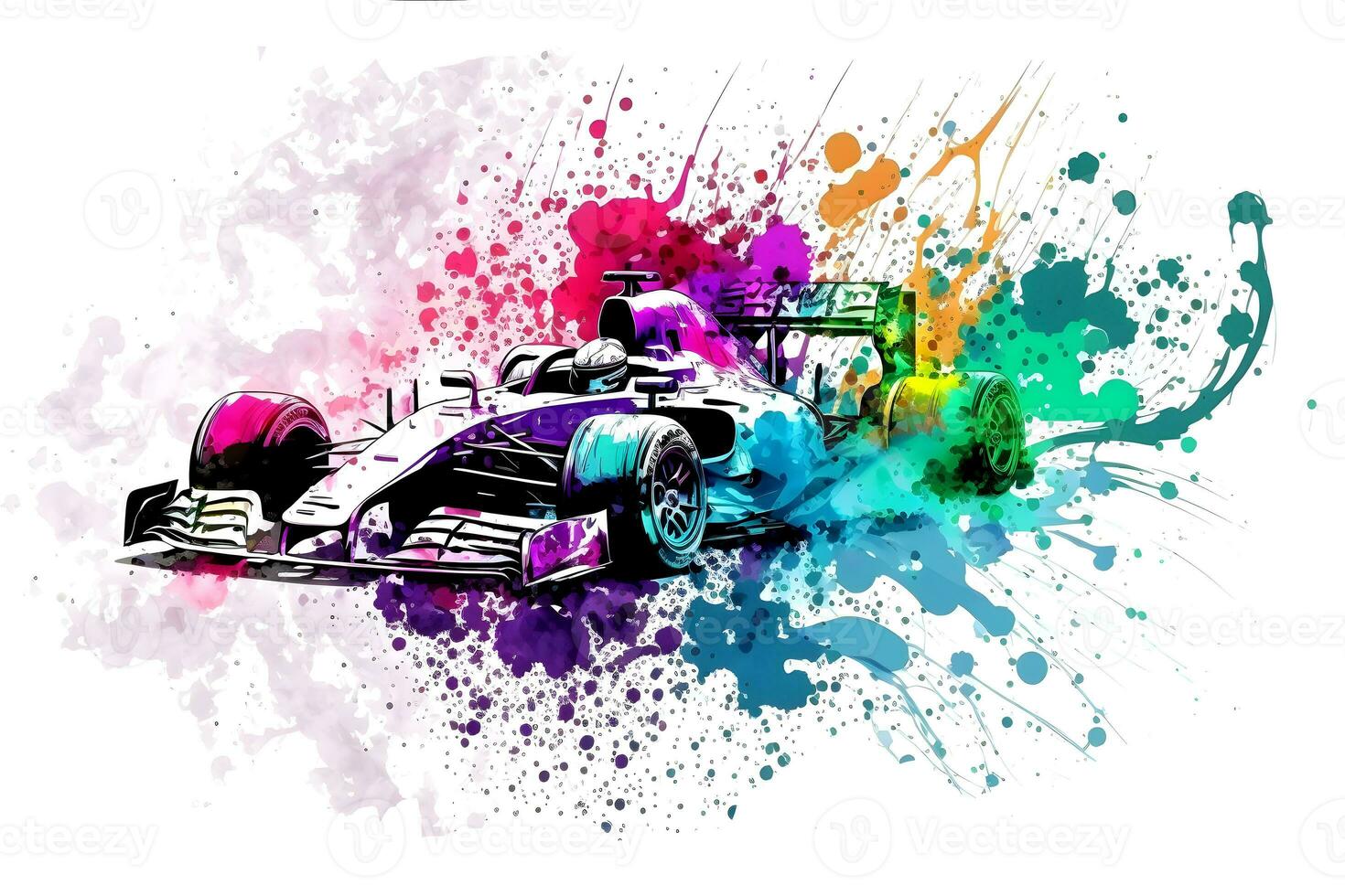 formula one race red car on watercolor rainbow splash, isolated on white. Neural network generated art photo