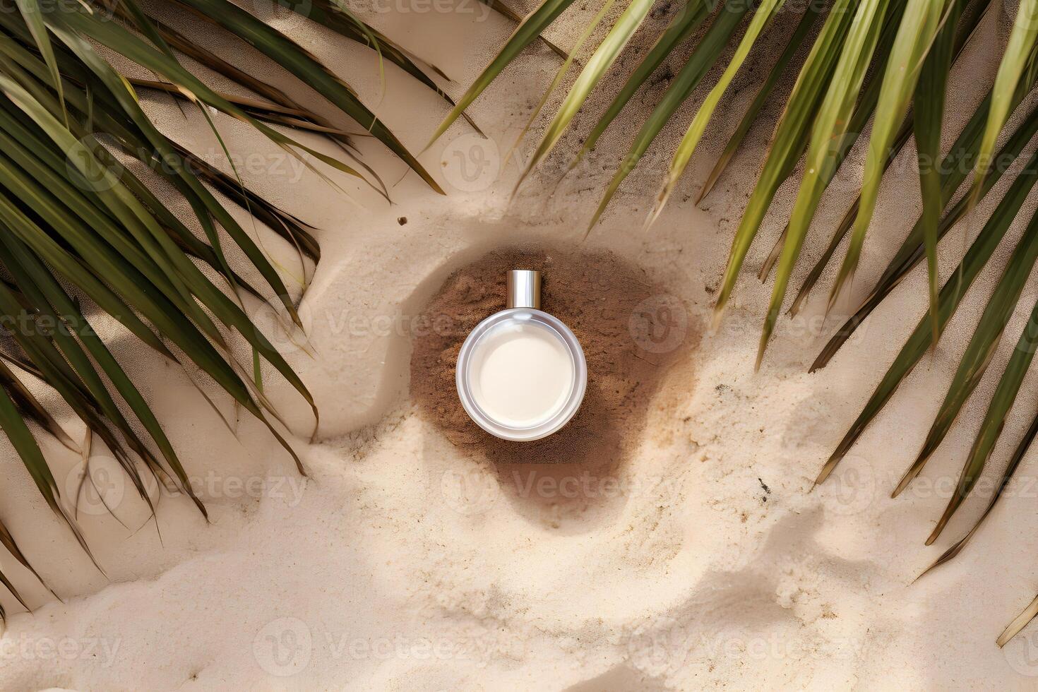 A bottle of perfume on the seashore is enveloped in a wave. Yellow sand on the beach, marine cosmetics and fragrance. Neural network photo